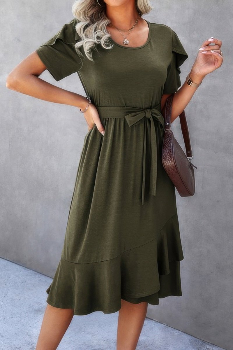 Dress scoop neck short sleeve midi with waist tie detail - AMVIM