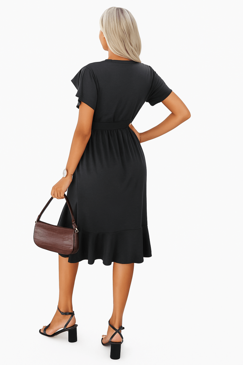 Dress scoop neck short sleeve midi with waist tie detail - AMVIM