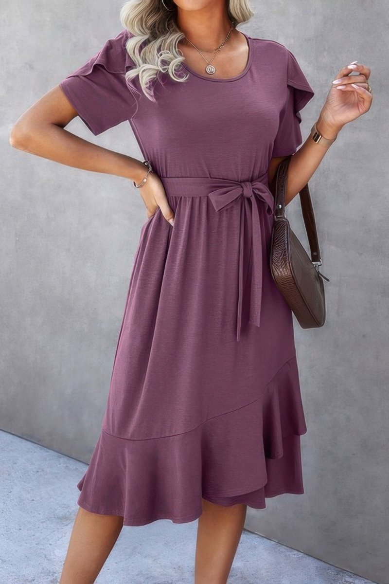 Dress scoop neck short sleeve midi with waist tie detail - AMVIM