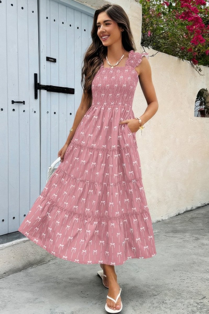 Dress Sleeveless Square Neck Printed Summer Pocket Fit - AMVIM