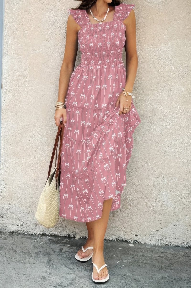 Dress Sleeveless Square Neck Printed Summer Pocket Fit - AMVIM