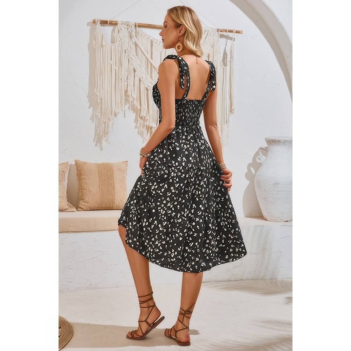 Dress square neck leopard cut - out elastic waist casual wear - AMVIM