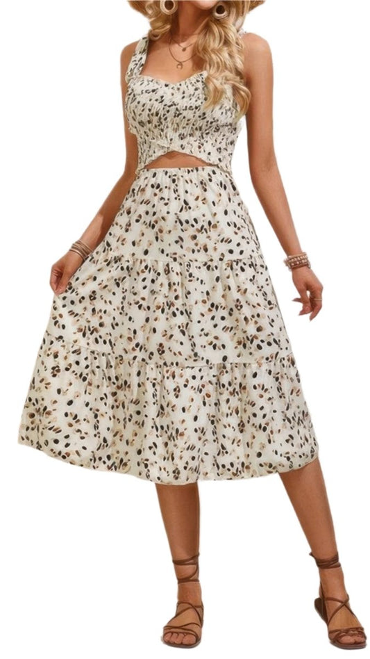 Dress square neck leopard cut - out elastic waist casual wear - AMVIM