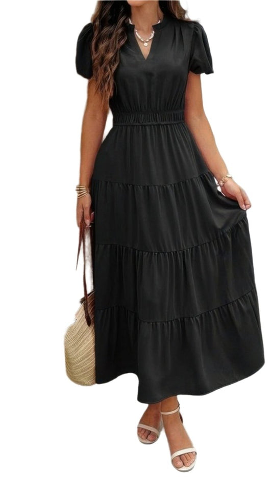 Dress V Neck Color Block Elastic Waist Casual Fit - AMVIM