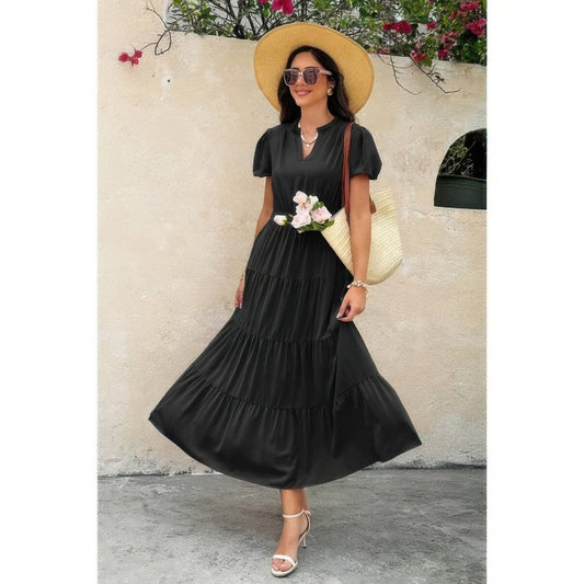 Dress V Neck Color Block Elastic Waist Casual Fit - AMVIM