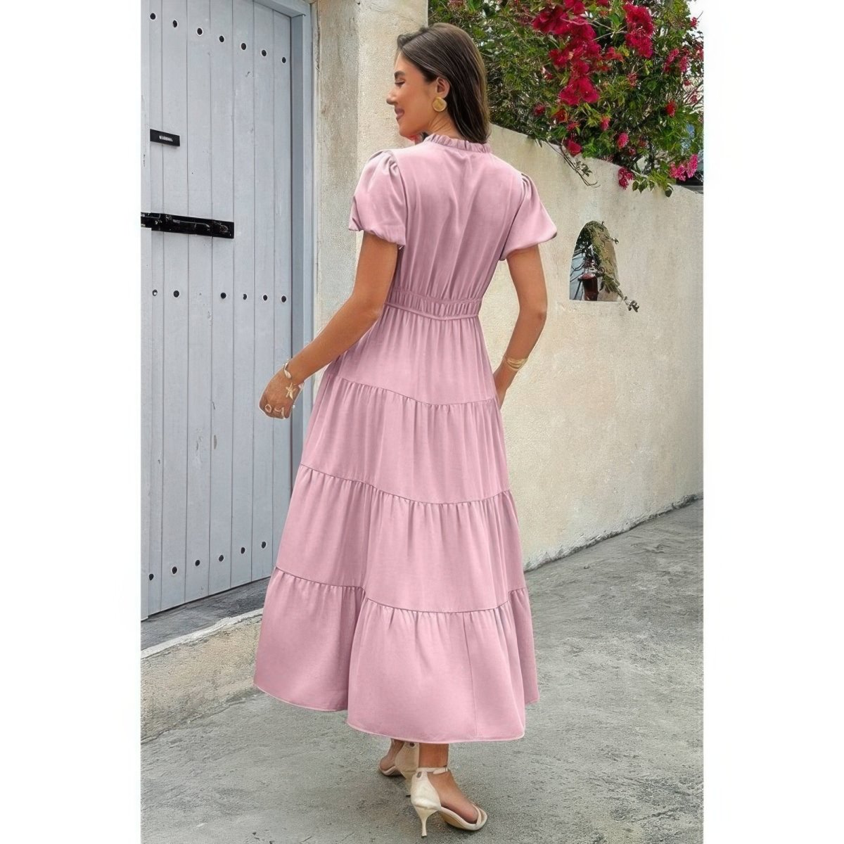 Dress V Neck Color Block Elastic Waist Casual Fit - AMVIM