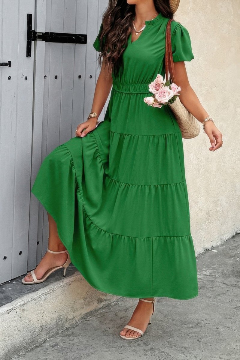 Dress V Neck Color Block Summer Casual Elastic Waist Dress - AMVIM