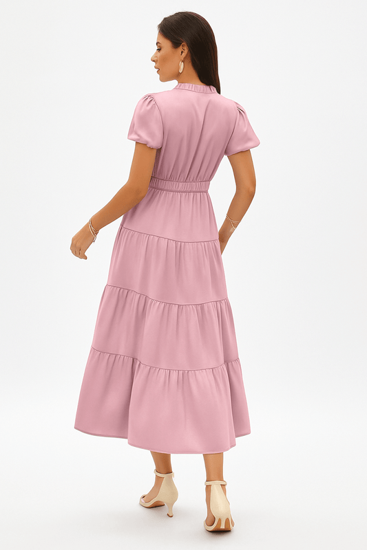 Dress V Neck Color Block Summer Casual Elastic Waist Dress - AMVIM