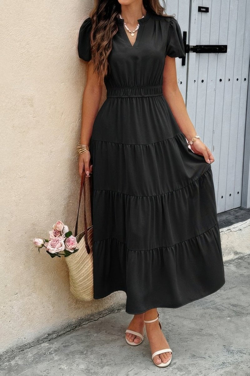 Dress V Neck Color Block Summer Casual Elastic Waist Dress - AMVIM