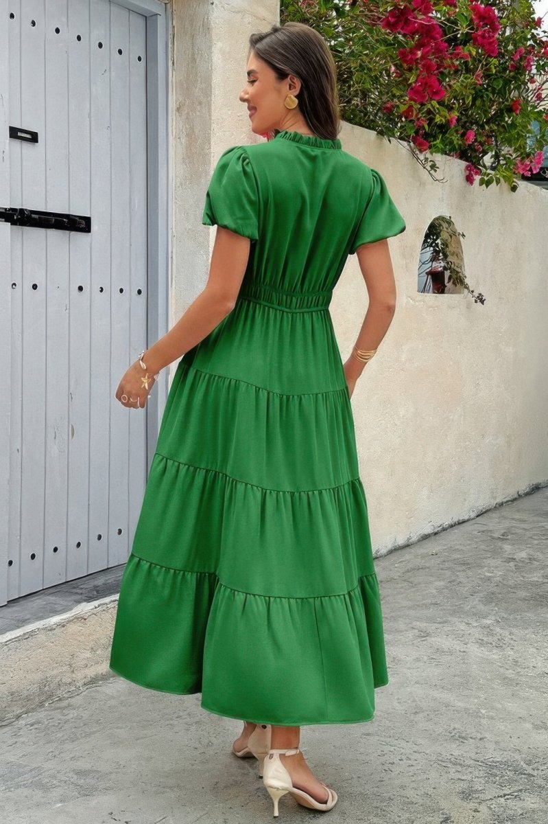 Dress V Neck Color Block Summer Casual Elastic Waist Dress - AMVIM