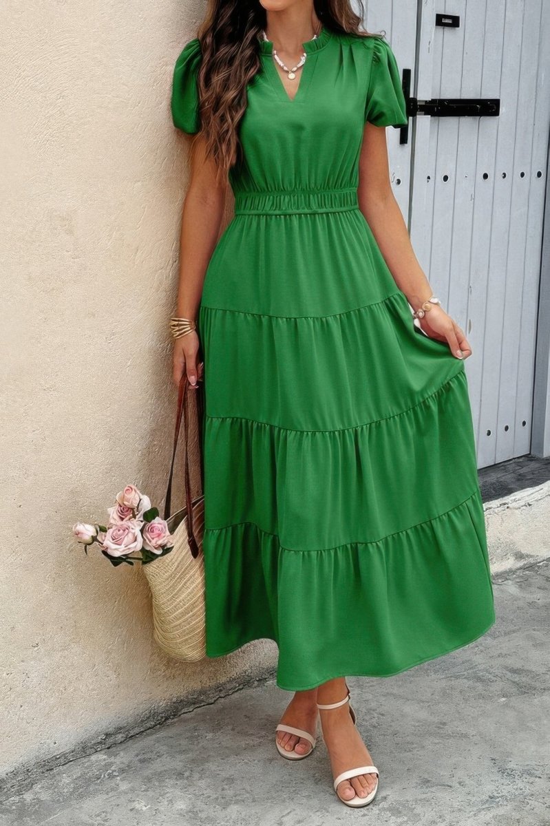 Dress V Neck Color Block Summer Casual Elastic Waist Dress - AMVIM