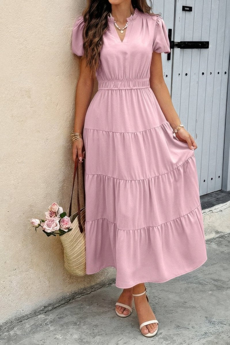 Dress V Neck Color Block Summer Casual Elastic Waist Dress - AMVIM