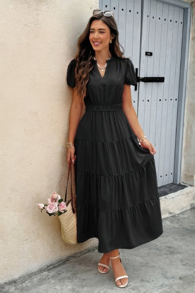 Dress V Neck Color Block Summer Casual Elastic Waist Dress - AMVIM