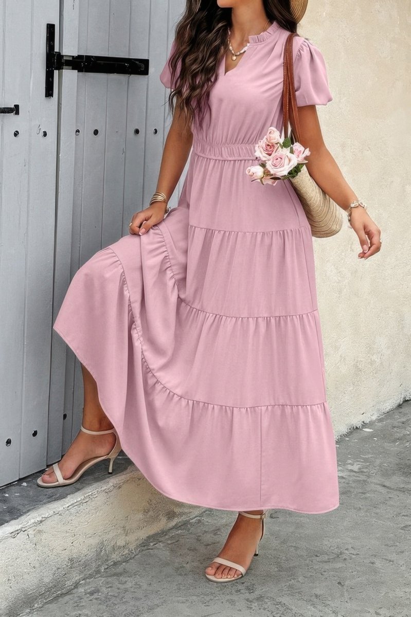 Dress V Neck Color Block Summer Casual Elastic Waist Dress - AMVIM