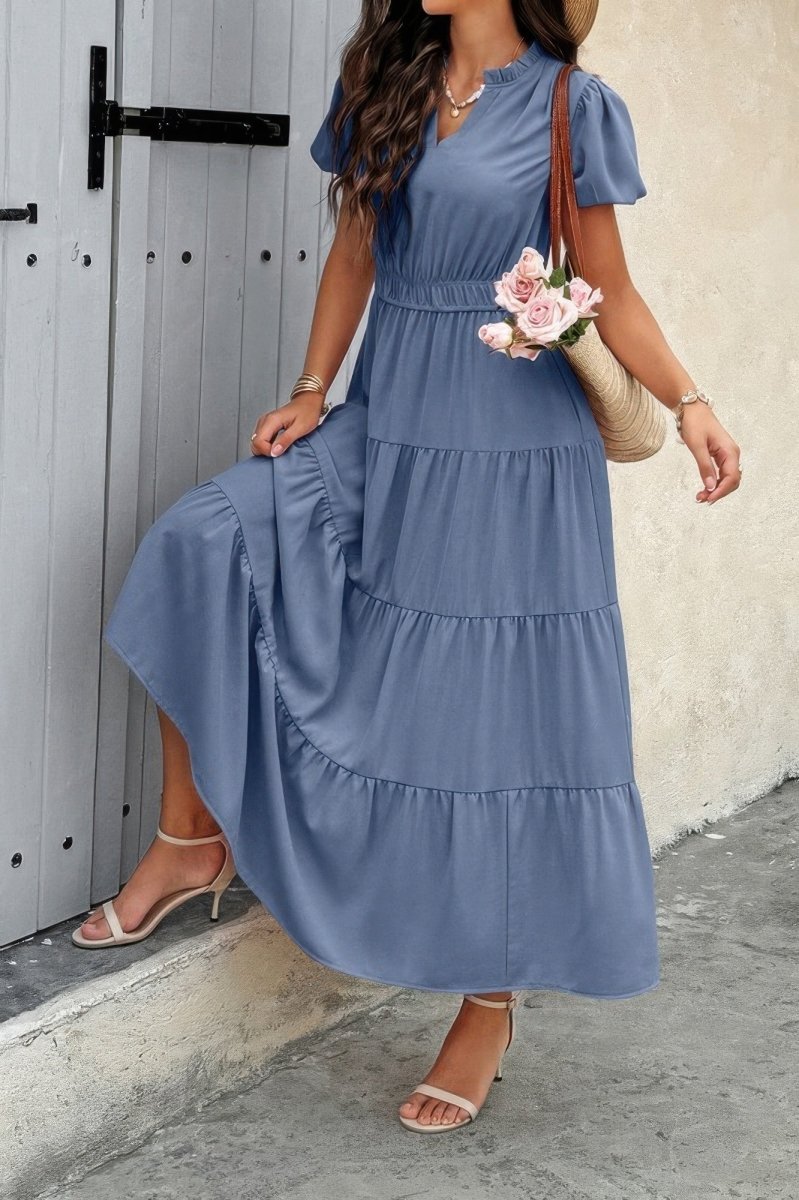 Dress V Neck Color Block Summer Casual Elastic Waist Dress - AMVIM