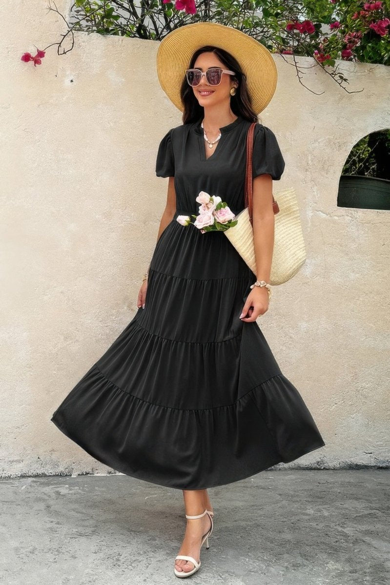 Dress V Neck Color Block Summer Casual Elastic Waist Dress - AMVIM