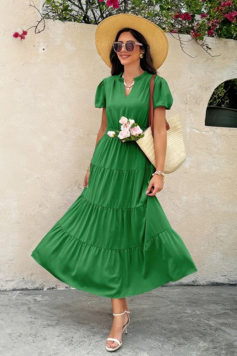 Dress V Neck Color Block Summer Casual Elastic Waist Dress - AMVIM