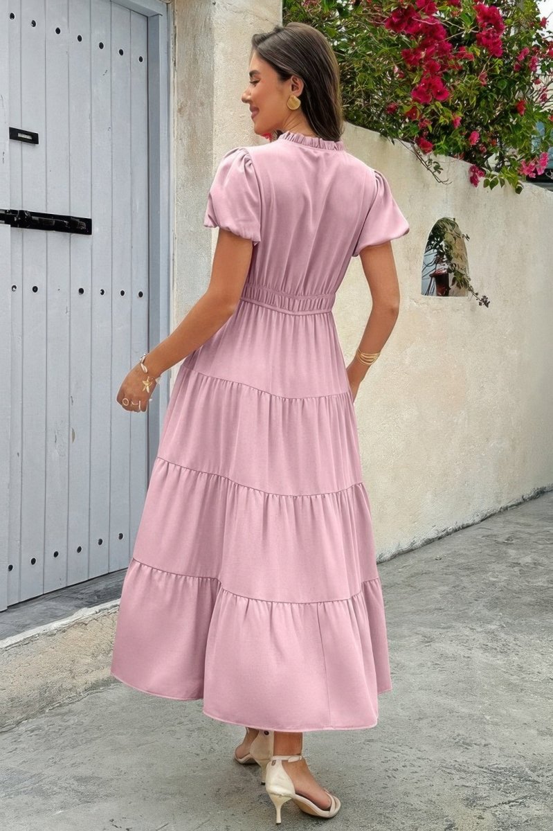 Dress V Neck Color Block Summer Casual Elastic Waist Dress - AMVIM