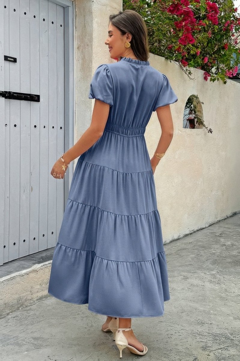 Dress V Neck Color Block Summer Casual Elastic Waist Dress - AMVIM