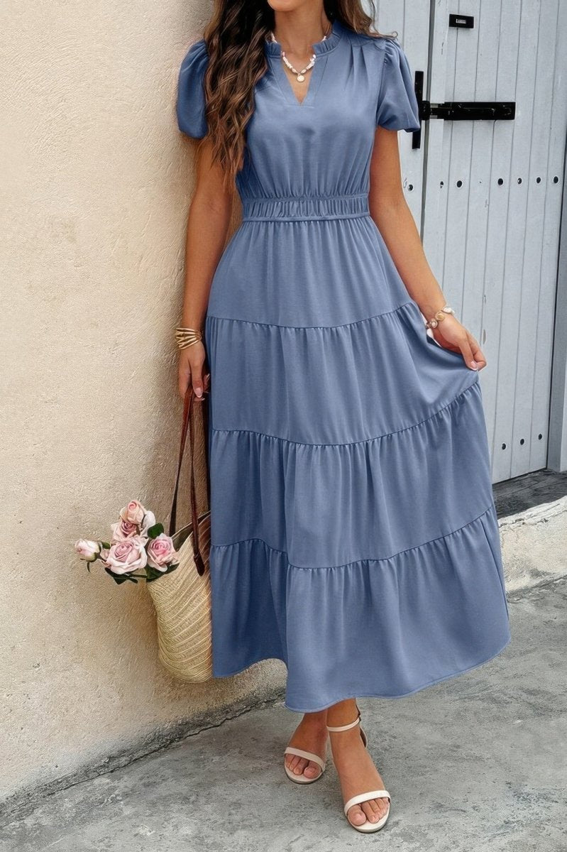 Dress V Neck Color Block Summer Casual Elastic Waist Dress - AMVIM