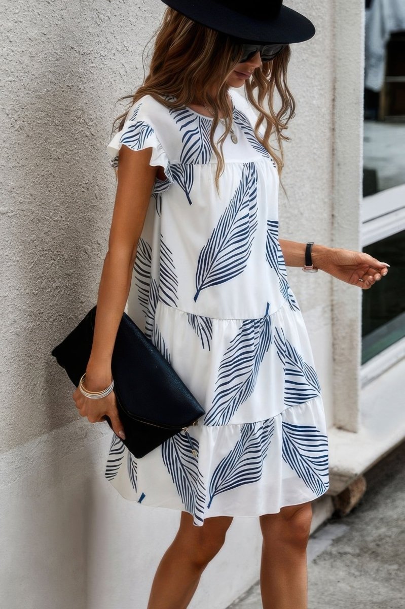 Dress white leaf print flowy flutter sleeve mini dress - AMVIM