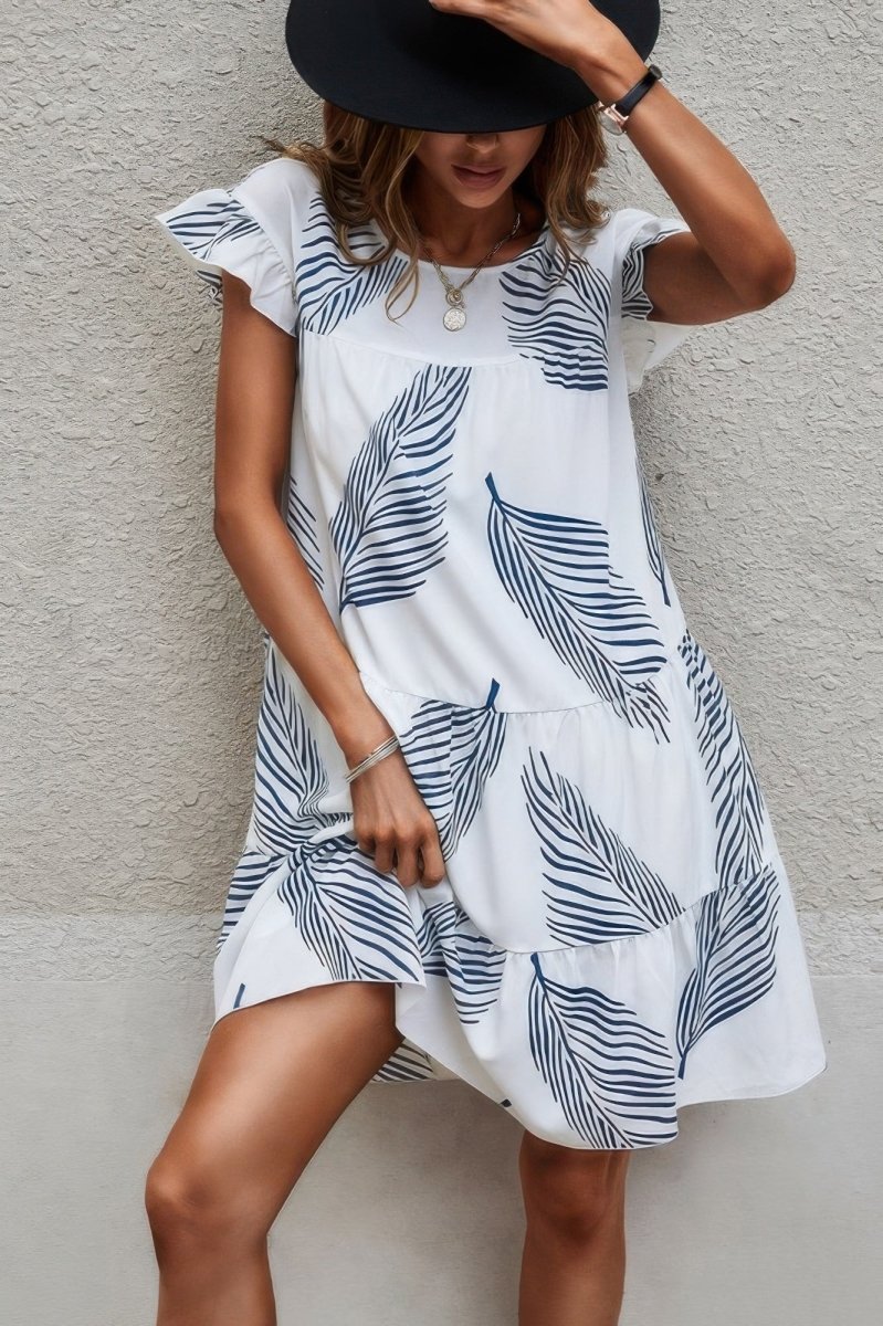 Dress white leaf print flowy flutter sleeve mini dress - AMVIM