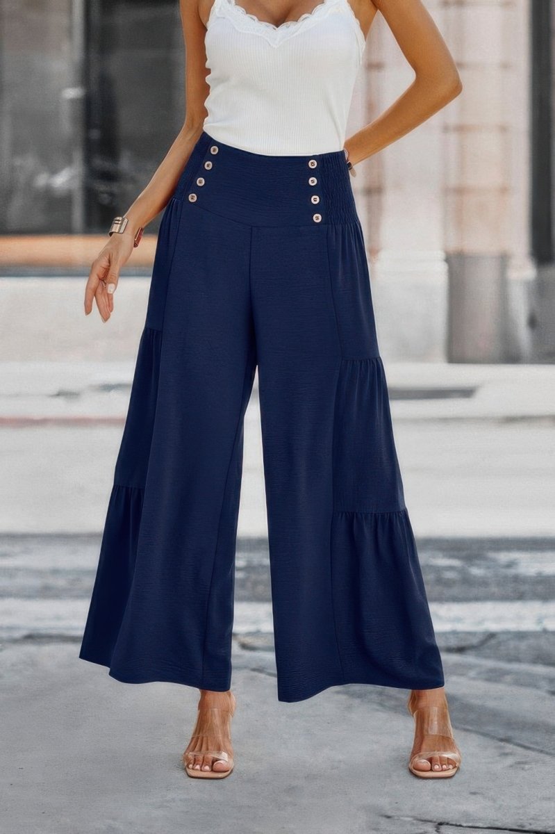 Dress Wide Leg Solid Button Ruffle Pants - AMVIM