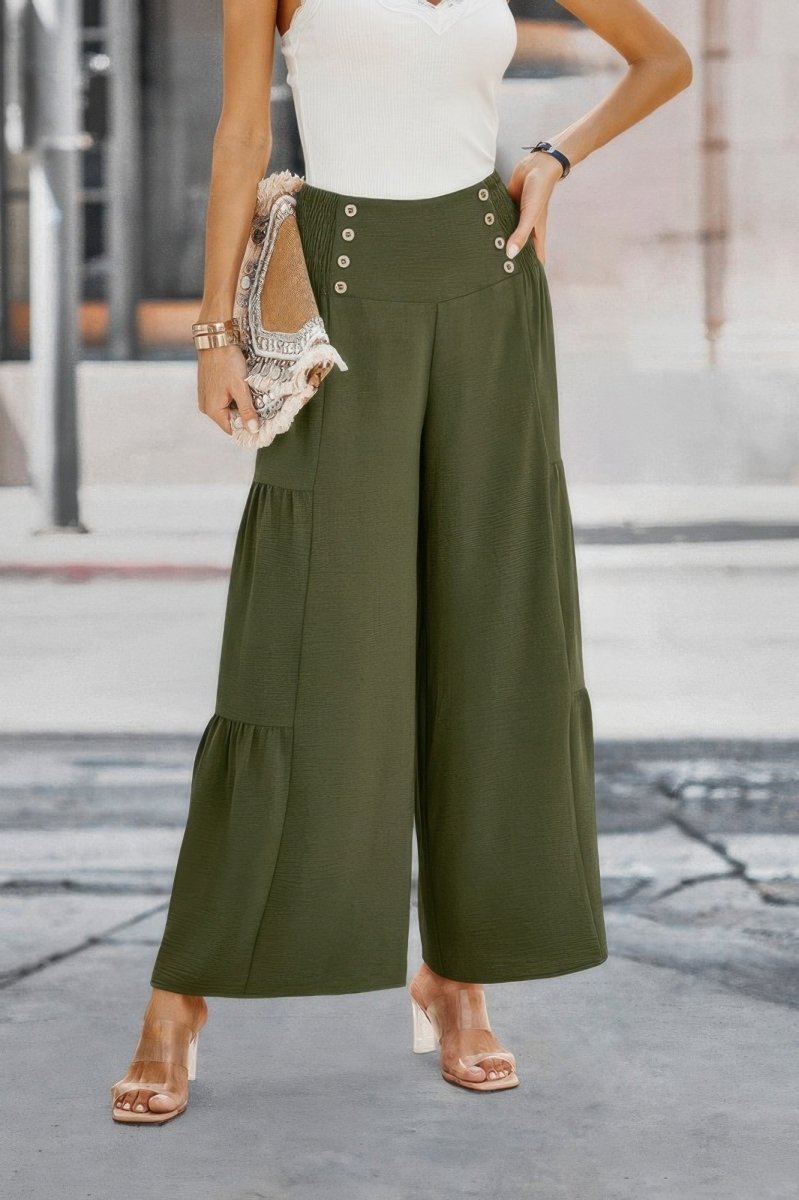 Dress Wide Leg Solid Button Ruffle Pants - AMVIM