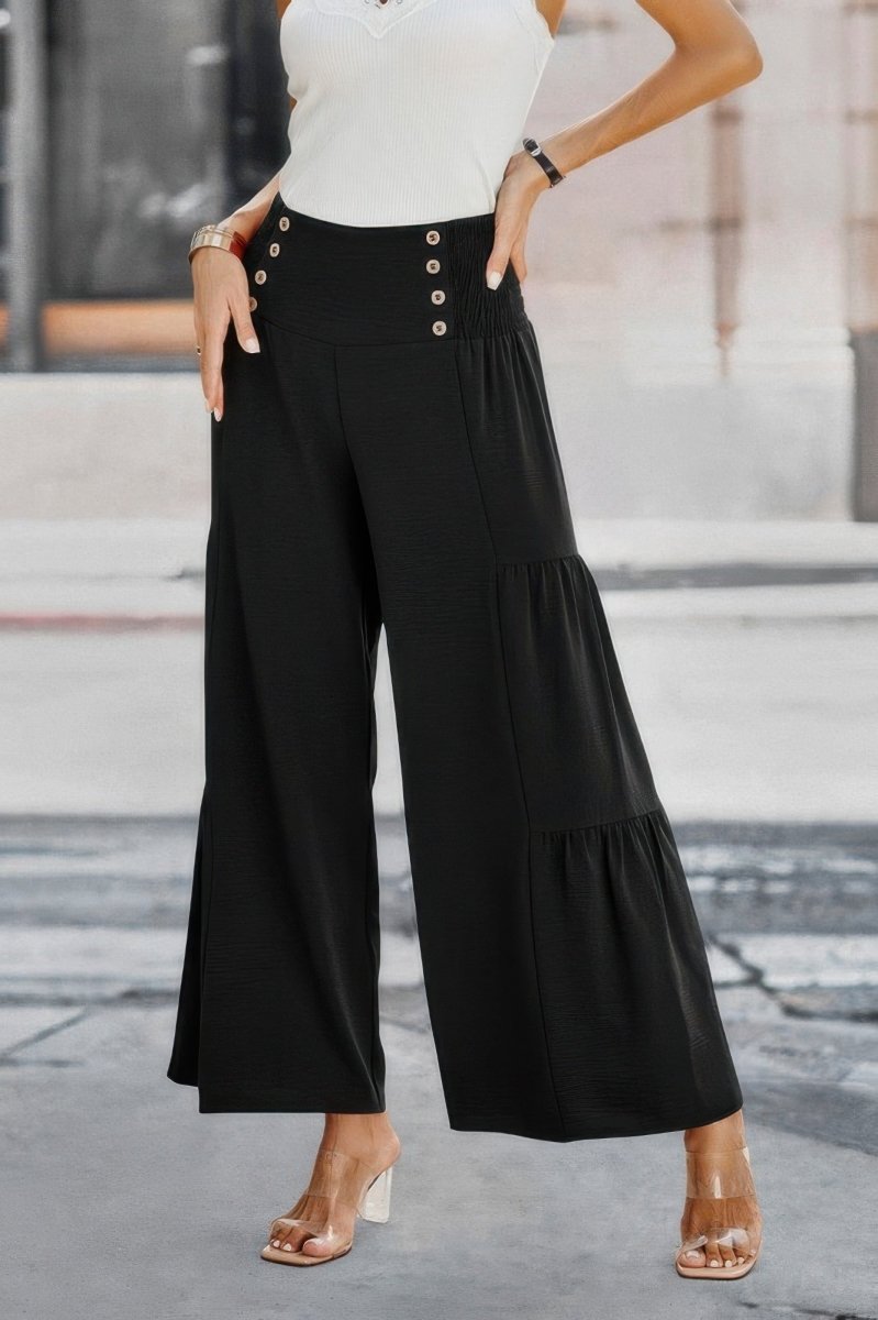 Dress Wide Leg Solid Button Ruffle Pants - AMVIM
