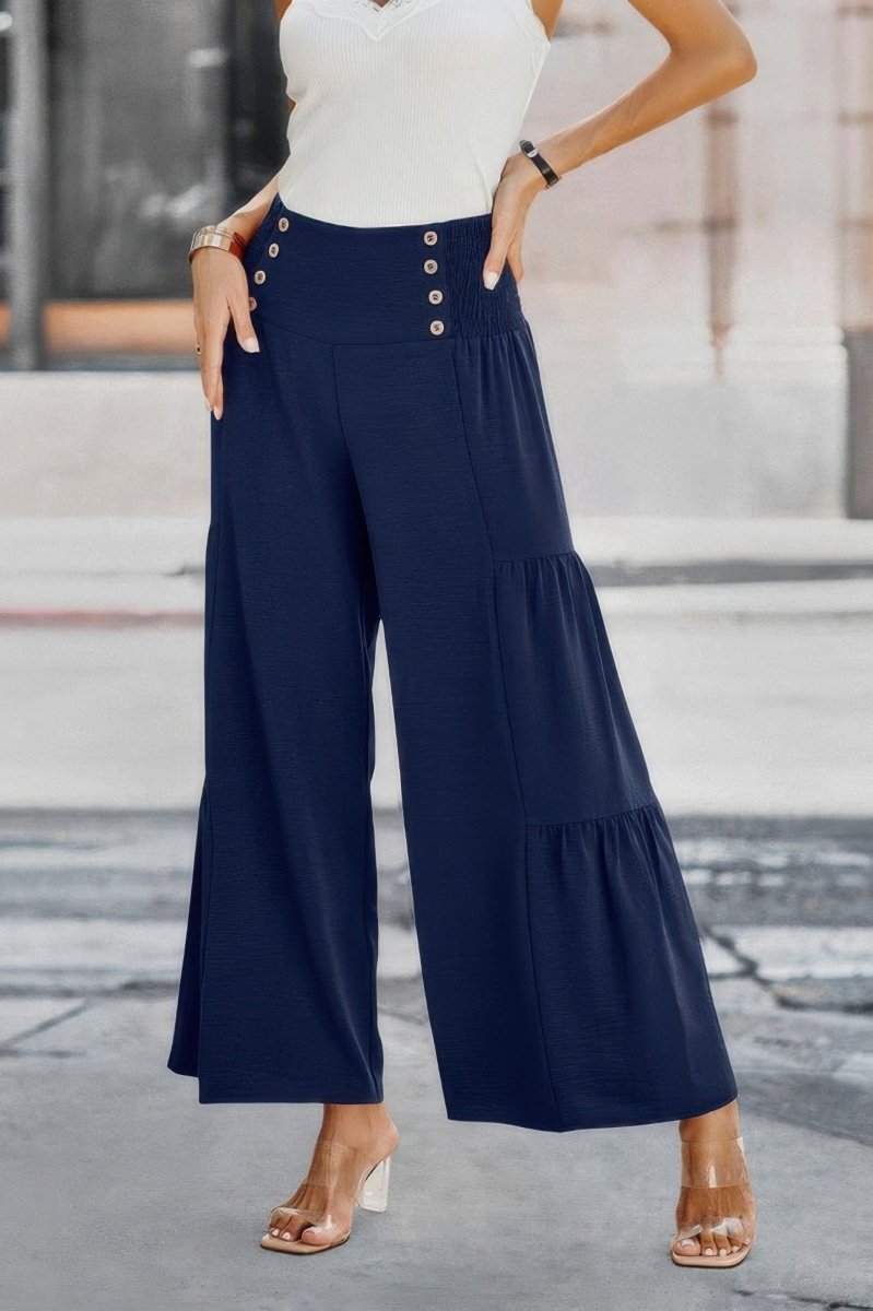 Dress Wide Leg Solid Button Ruffle Pants - AMVIM