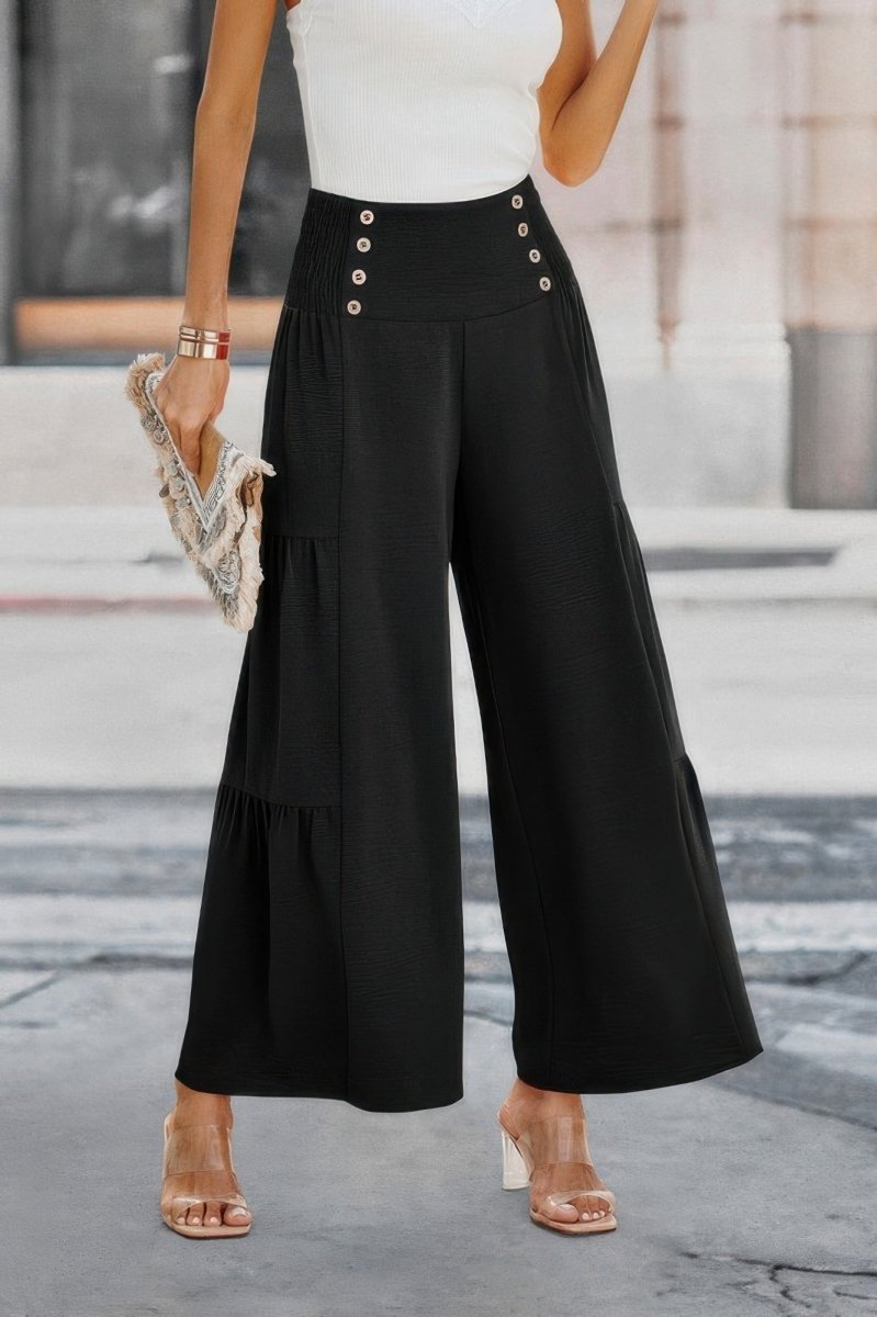 Dress Wide Leg Solid Button Ruffle Pants - AMVIM