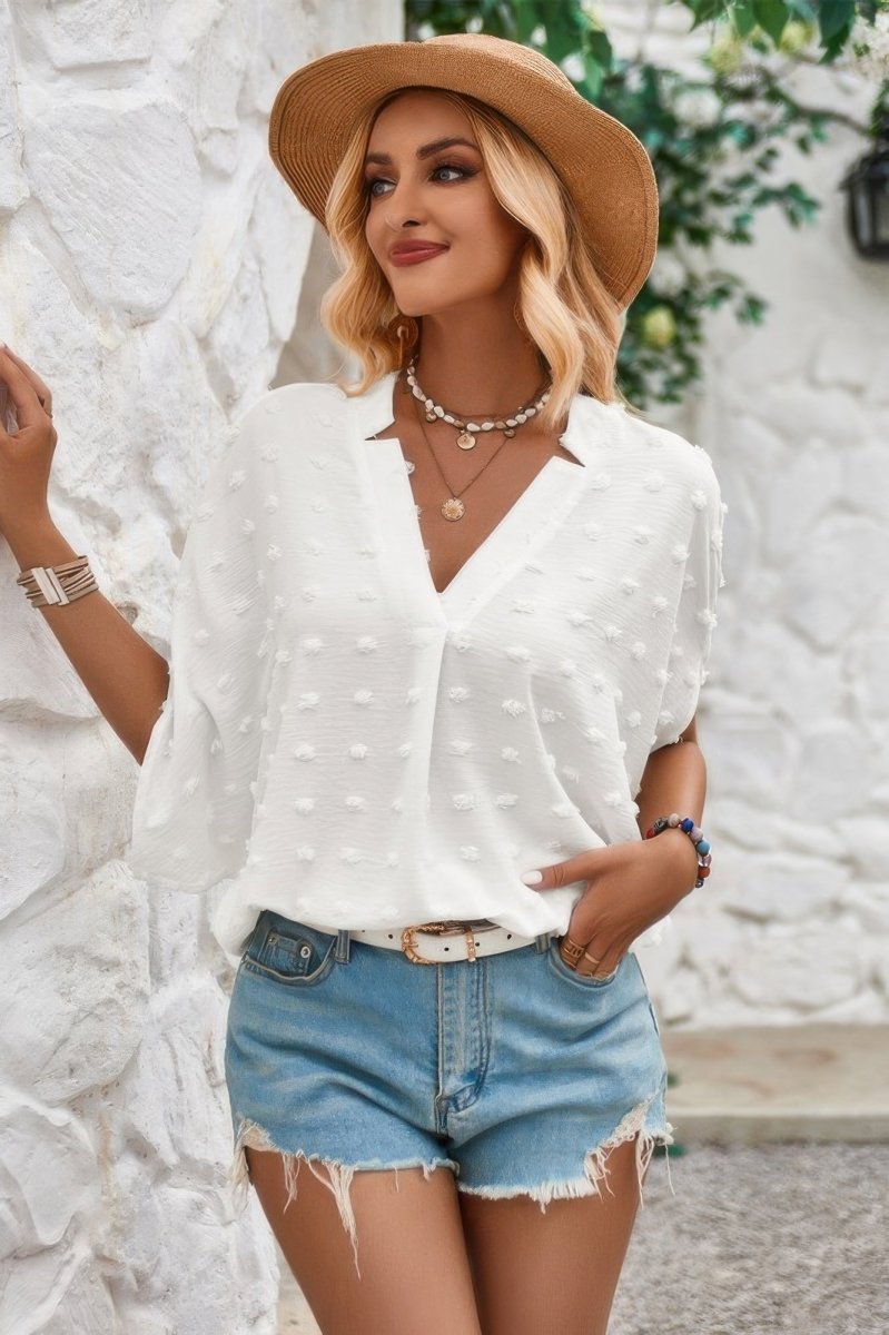 Dressy Casual Blouse Swiss Dot Lightweight Flutter Sleeve - AMVIM