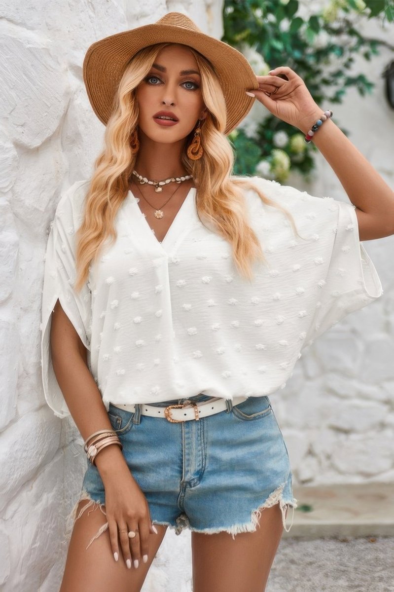 Dressy Casual Blouse Swiss Dot Lightweight Flutter Sleeve - AMVIM