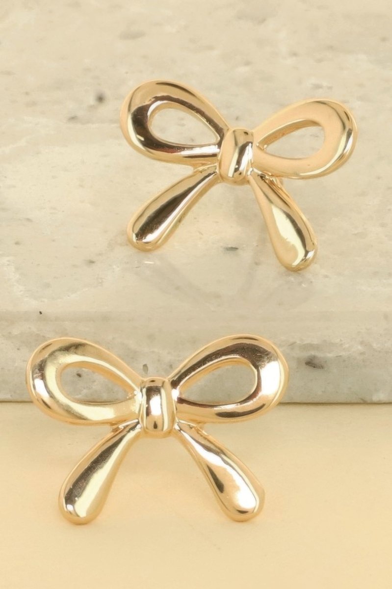 Earrings gold bow polished short tail post back lightweight - AMVIM