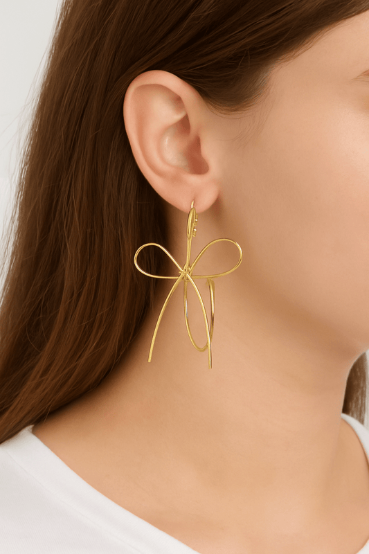 Earrings gold hoop wire bow lightweight polished statement - AMVIM