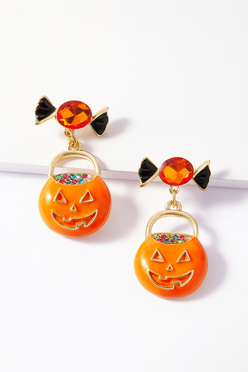 Earrings Halloween Pumpkin Dangle 18K Gold Rhinestone Pair - AMVIM