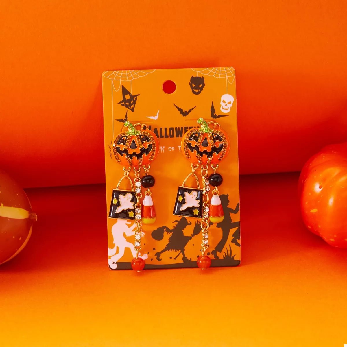 Earrings Halloween Pumpkin Resin Drop with Rhinestone Charms - AMVIM