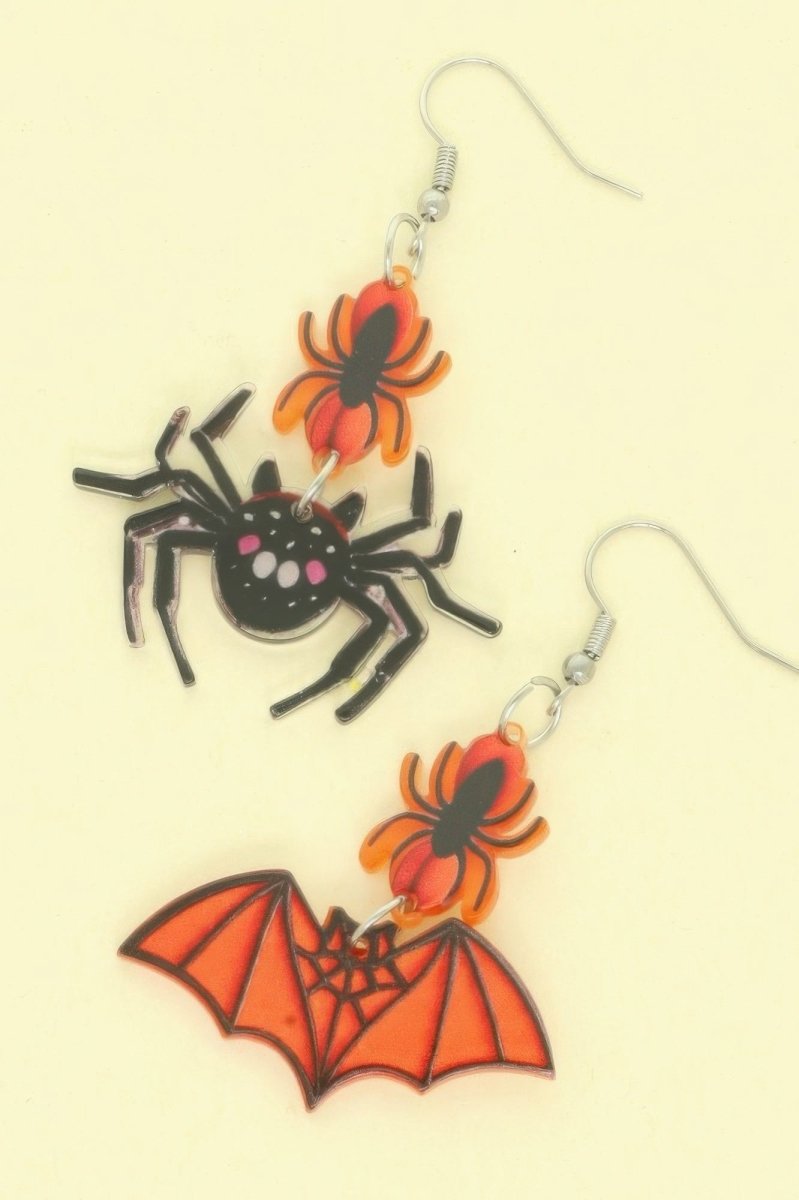 Earrings Halloween Spider Bat Acrylic Mismatched Dangle - AMVIM