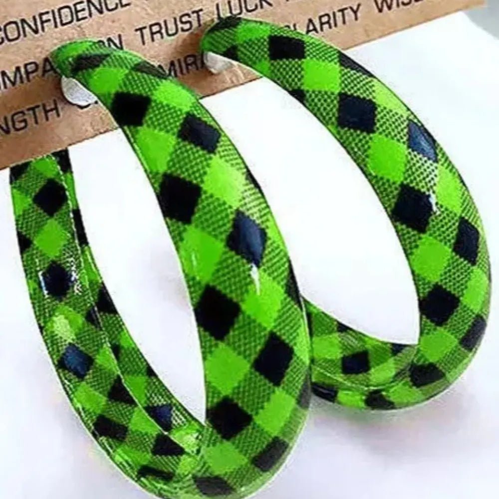 Earrings Plaid Red PU Leather Fall Hoop Statement Pair - AMVIM