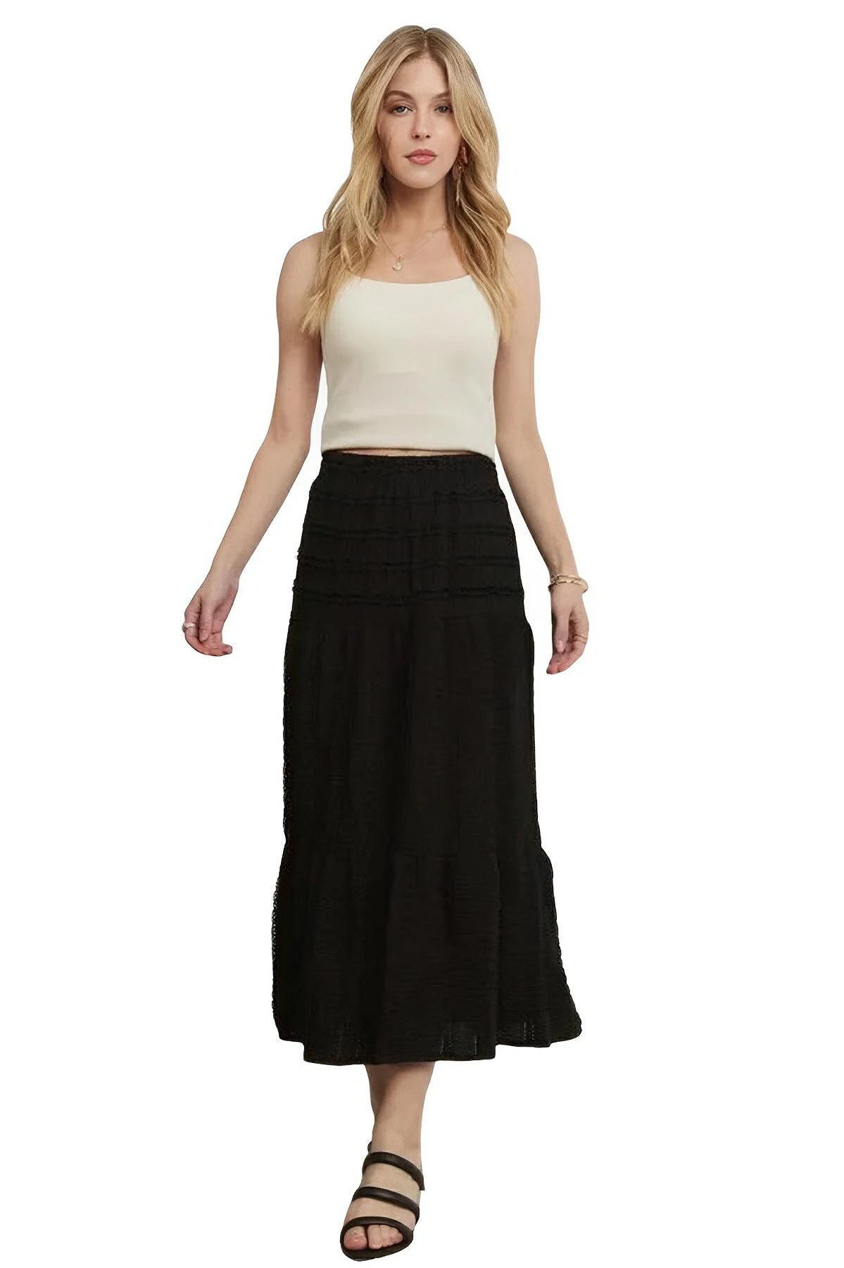 Elastic Waistband Tiered Midi Skirt for Women – Comfortable Fit - AMVIM