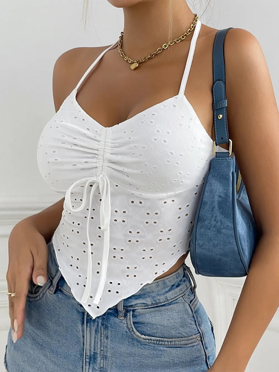 Eyelet Drawstring Halter Crop Top With Adjustable Ruched Fit - AMVIM