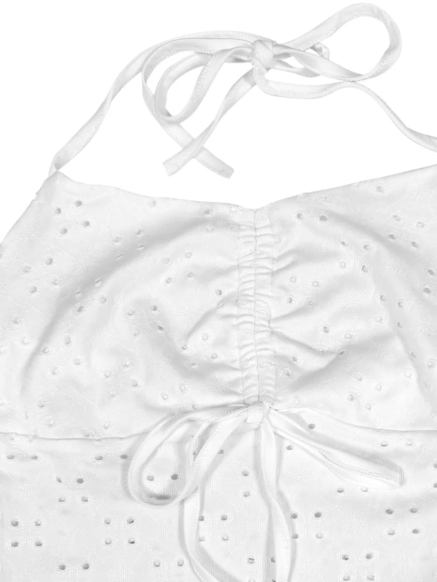 Eyelet Drawstring Halter Crop Top With Adjustable Ruched Fit - AMVIM