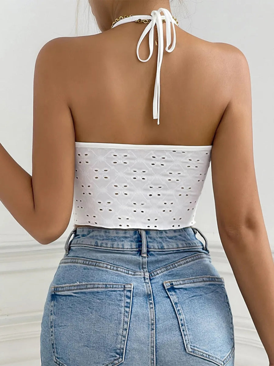 Eyelet Drawstring Halter Crop Top With Adjustable Ruched Fit - AMVIM