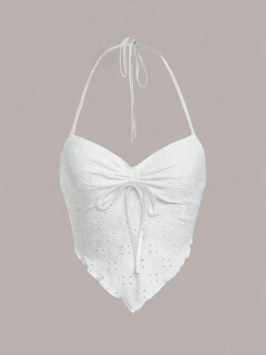 Eyelet Drawstring Halter Crop Top With Adjustable Ruched Fit - AMVIM