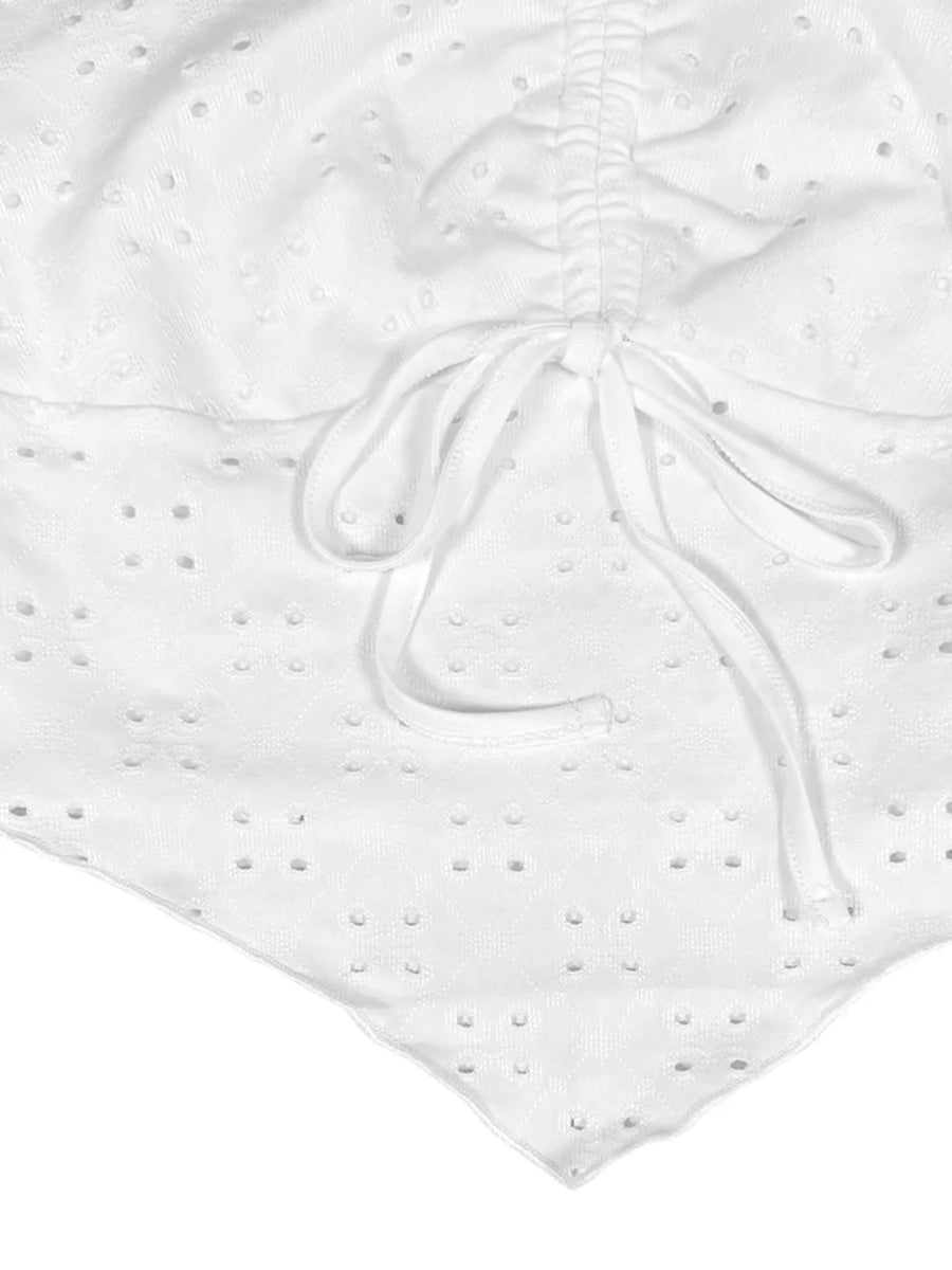 Eyelet Drawstring Halter Crop Top With Adjustable Ruched Fit - AMVIM