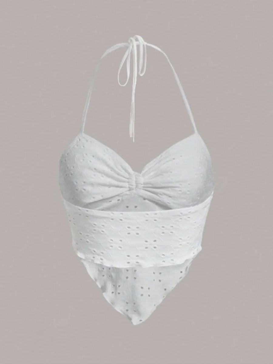 Eyelet Drawstring Halter Crop Top With Adjustable Ruched Fit - AMVIM