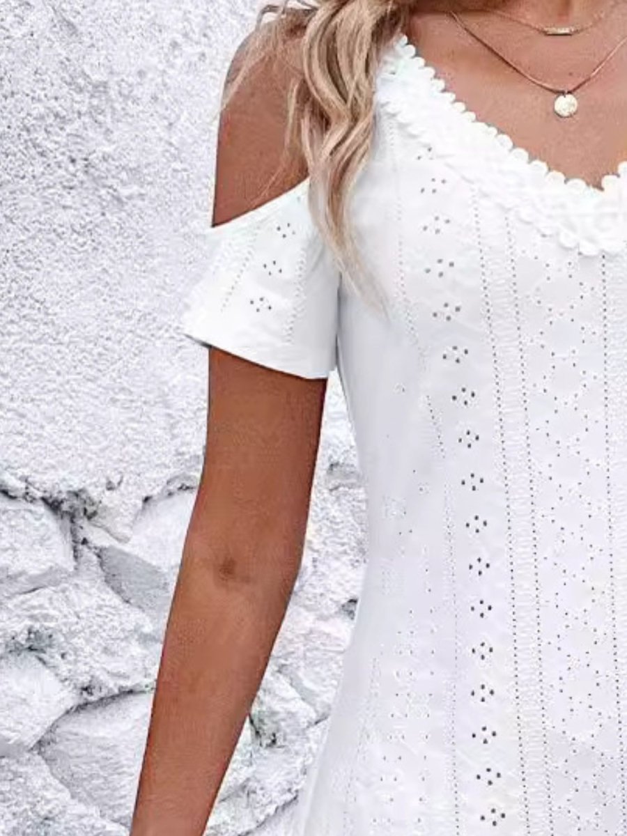 Eyelet V - Neck Cold Shoulder Mini Dress - AMVIM