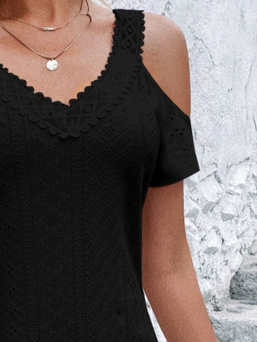 Eyelet V - Neck Cold Shoulder Mini Dress - AMVIM