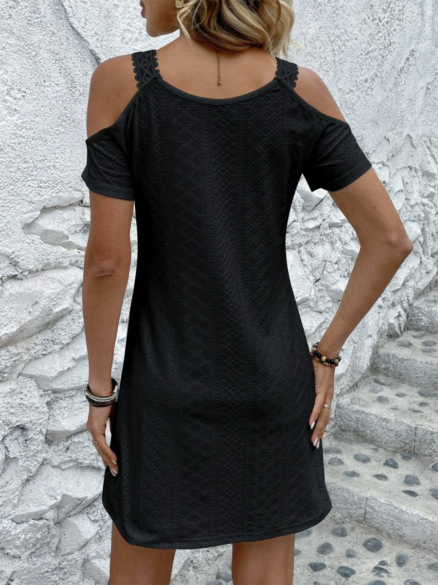 Eyelet V - Neck Cold Shoulder Mini Dress - AMVIM