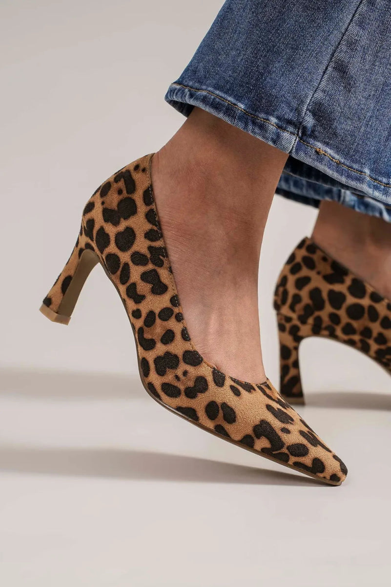 Faux Suede Leopard Point Toe Pumps – Mid Heel Chic Look - AMVIM